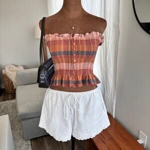 American Eagle Ruffled Linen Strapless Tube Top Button Front Smocked Bodice S